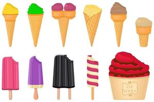 big kit ice cream popsicle different types in cone waffle cup vector