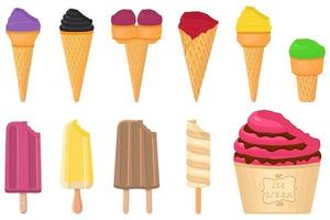 big kit ice cream popsicle different types in cone waffle cup vector