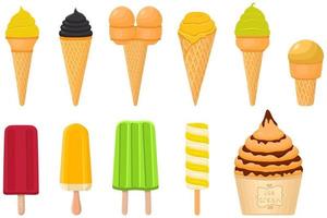 big kit ice cream popsicle different types in cone waffle cup vector