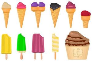 big kit ice cream popsicle different types in cone waffle cup vector