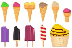 big kit ice cream popsicle different types in cone waffle cup vector