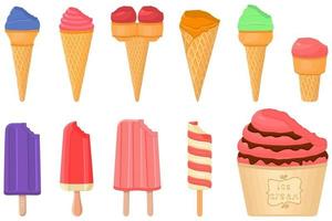 big kit ice cream popsicle different types in cone waffle cup vector