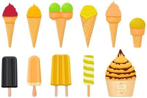 gran kit de paletas de helado de diferentes tipos en taza de gofres de cono vector