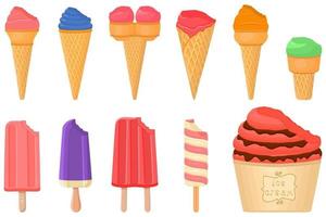 big kit ice cream popsicle different types in cone waffle cup vector