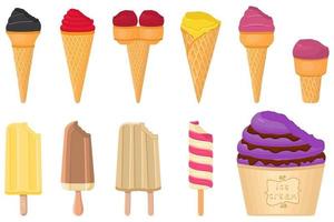 big kit ice cream popsicle different types in cone waffle cup vector