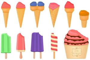 gran kit de paletas de helado de diferentes tipos en taza de gofres de cono vector