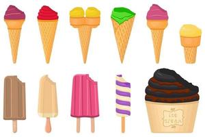 big kit ice cream popsicle different types in cone waffle cup vector