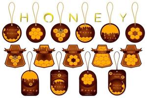 Illustration on theme for big set label of sugary flowing down honey in honeycomb vector