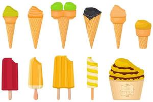 big kit ice cream popsicle different types in cone waffle cup vector