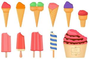 big kit ice cream popsicle different types in cone waffle cup vector