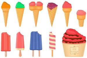 big kit ice cream popsicle different types in cone waffle cup vector