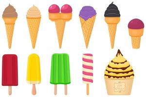 big kit ice cream popsicle different types in cone waffle cup vector