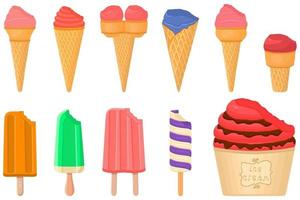 big kit ice cream popsicle different types in cone waffle cup vector