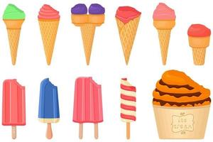 gran kit de paletas de helado de diferentes tipos en taza de gofres de cono vector