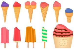 big kit ice cream popsicle different types in cone waffle cup vector