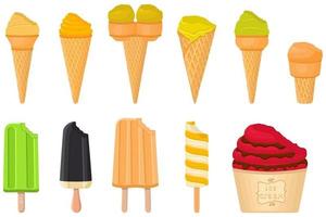 big kit ice cream popsicle different types in cone waffle cup vector