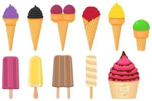 big kit ice cream popsicle different types in cone waffle cup vector