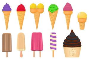 big kit ice cream popsicle different types in cone waffle cup vector