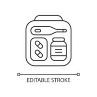 Mini first aid kit linear icon. Emergency bag with medication for trip. Essential for tourist. Thin line customizable illustration. Contour symbol. Vector isolated outline drawing. Editable stroke