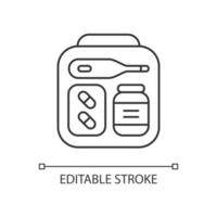 Mini first aid kit linear icon. Emergency bag with medication for trip. Essential for tourist. Thin line customizable illustration. Contour symbol. Vector isolated outline drawing. Editable stroke