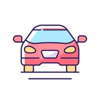 icono de color rgb de coche sedán. transporte personal rápido. auto híbrido para viajes familiares. frente del auto. ilustración vectorial aislada. Automóvil para tránsitos de rutina diaria dibujo lineal relleno simple vector