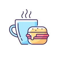 Lunch RGB color icon. Burger and drink in cup. Coffee mug with sandwich for dinner. Dining at cafe. Fast food order. Isolated vector illustration. Everyday routine simple filled line drawing