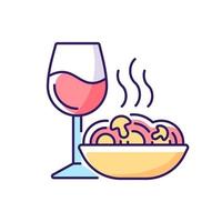 icono de color de cena rgb. espaguetis y copa de vino. comida romántica. orden de restaurante. menú de cafetería. receta del plato. ilustración vectorial aislada. rutina diaria diaria dibujo lineal relleno simple vector