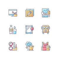 Everyday activities RGB color icons set. Watching TV for entertainment at home. Homework for school. Isolated vector illustrations. Daily routine simple filled line drawings collection