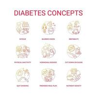 conjunto de iconos de concepto de diabetes. problemas de salud. problemas de salud de la enfermedad. dietas especiales para el tratamiento. ilustraciones en color de línea fina de idea de alimentación saludable. dibujos de contorno aislados vectoriales vector