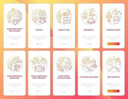 Diabetes onboarding mobile app page screen set. Medical treatment walkthrough 5 steps graphic instructions with concepts. UI, UX, GUI vector template with linear color illustrations