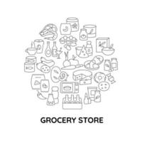 diseño de concepto lineal abstracto de comida de tienda de conveniencia con título. tienda de comestibles idea minimalista. productos frescos dibujos gráficos de línea fina. iconos de contorno vectorial aislado para el fondo vector