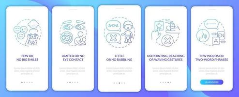 Aspergers signs in kids onboarding mobile app page screen. Limited eye contact walkthrough 5 steps graphic instructions with concepts. UI, UX, GUI vector template with linear color illustrations