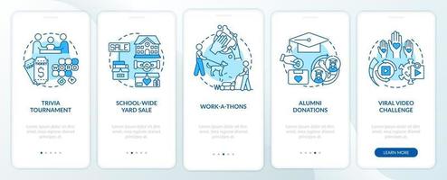 Money donation ideas onboarding mobile app page screen. School-wide yard sale walkthrough 5 steps graphic instructions with concepts. UI, UX, GUI vector template with linear color illustrations