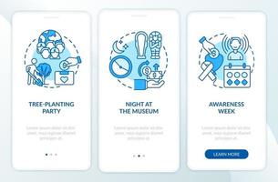 Gathering money campaign ideas onboarding mobile app page screen. Night at museum walkthrough 3 steps graphic instructions with concepts. UI, UX, GUI vector template with linear color illustrations