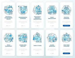 conjunto de pantallas de página de aplicaciones móviles de incorporación de inversiones benéficas. tutorial de evento filantrópico 5 pasos instrucciones gráficas con conceptos. ui, ux, plantilla de vector de interfaz gráfica de usuario con ilustraciones en color lineal