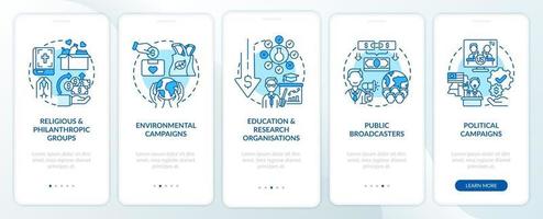 Charity event types onboarding mobile app page screen. Religious groups walkthrough 5 steps graphic instructions with concepts. UI, UX, GUI vector template with linear color illustrations