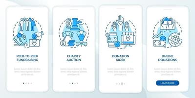 Charity event ideas onboarding mobile app page screen. Charitable sales walkthrough 4 steps graphic instructions with concepts. UI, UX, GUI vector template with linear color illustrations