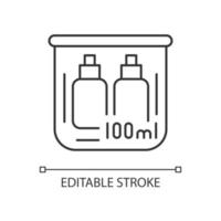 Travel size bottles 100 ml linear icon. Portable amenities with cosmetic products. Thin line customizable illustration. Contour symbol. Vector isolated outline drawing. Editable stroke