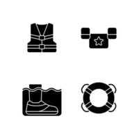 Pool equipment black glyph icons set on white space. Life jacket. Puddle jumper. Water shoes. Ring buoy. Flotation device. Outdoor water activities. Silhouette symbols. Vector isolated illustration