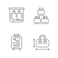 Portable travel essentials linear icons set. Compact bag. Traveller plugs. Open suitcase. Customizable thin line contour symbols. Isolated vector outline illustrations. Editable stroke