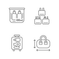 Portable travel essentials linear icons set. Compact bag. Traveller plugs. Open suitcase. Customizable thin line contour symbols. Isolated vector outline illustrations. Editable stroke