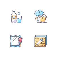 Daily schedule and routine RGB color icons set. Watter bottle. Sleep time. Alarm clock. Mirror and brush. Isolated vector illustrations. Everyday routine simple filled line drawings collection