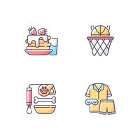 Conjunto de iconos de color rgb de rutina diaria para estudiantes. panqueques de desayuno. club de baloncesto. cuidado de mascotas. mochila para la escuela. ilustraciones vectoriales aisladas. rutina diaria simple colección de dibujos de líneas llenas vector