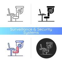 Workers productivity improvement with surveillance camera icon. Recording employee conversations. Digital activities monitoring. Linear black and RGB color styles. Isolated vector illustrations