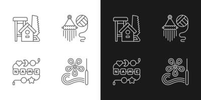 Creative activities linear icons set for dark and light mode. Woodworking. Yarn wall hangings. Teether chain. Customizable thin line symbols. Isolated vector outline illustrations. Editable stroke