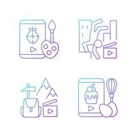 Internet video gradient linear vector icons set. Drawing tutorial. Parkour footage. Travel vlog. Online cook class. Thin line contour symbols bundle. Isolated vector outline illustrations collection