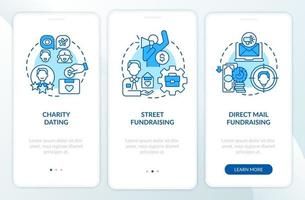 Fundraiser appeal for funds onboarding mobile app page screen. Street fundraising walkthrough 3 steps graphic instructions with concepts. UI, UX, GUI vector template with linear color illustrations