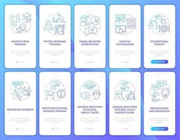 Autistic treatment approaches onboarding mobile app page screens set. ASD symptoms walkthrough 5 steps graphic instructions with concepts. UI, UX, GUI vector template with linear color illustrations