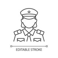 Female chief officer linear icon. Crew member of cruise. Making travel comfortable. Thin line customizable illustration. Contour symbol. Vector isolated outline drawing. Editable stroke