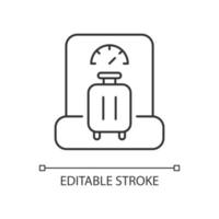 Baggage weight linear icon. Luggage weighing in airport. Traveller suitcase check. Thin line customizable illustration. Contour symbol. Vector isolated outline drawing. Editable stroke